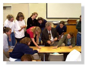 Dr. Dale Elliott demonstrates surgical equipment at the Judson College Science Club, November, 1999