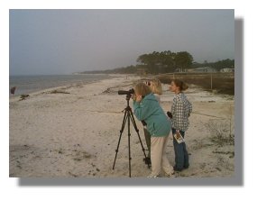 Doris Wilson, Director of Financial Aid, along with Amber Bailey & Kelly Shipman use spotting scope at Dauphin Island